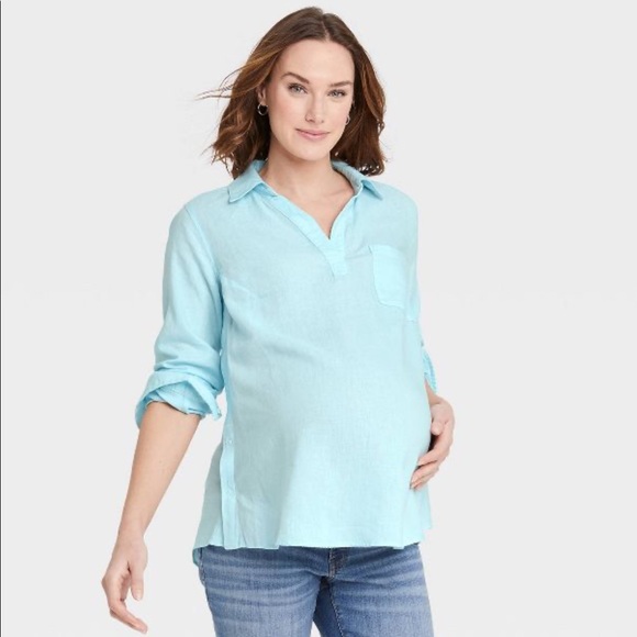 Isabel Maternity by Ingrid & Isabel Tops - Isabel Maternity Long Sleeve Collared Side Woven Popover Maternity Shirt NWT